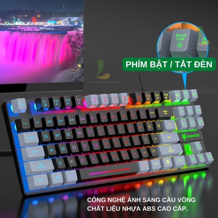 Bàn phím giả cơ gaming XUNFOX K10 - Bàn phím có dây công thái học 87 phím LED Rainbow, nhiều chế độ chuyển màu hấp dẫn - Hàng nhập khẩu