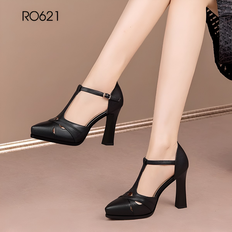 Giày sandal nữ cao gót 9 phân hàng hiệu rosata hai màu đen kem cao cấp ro621