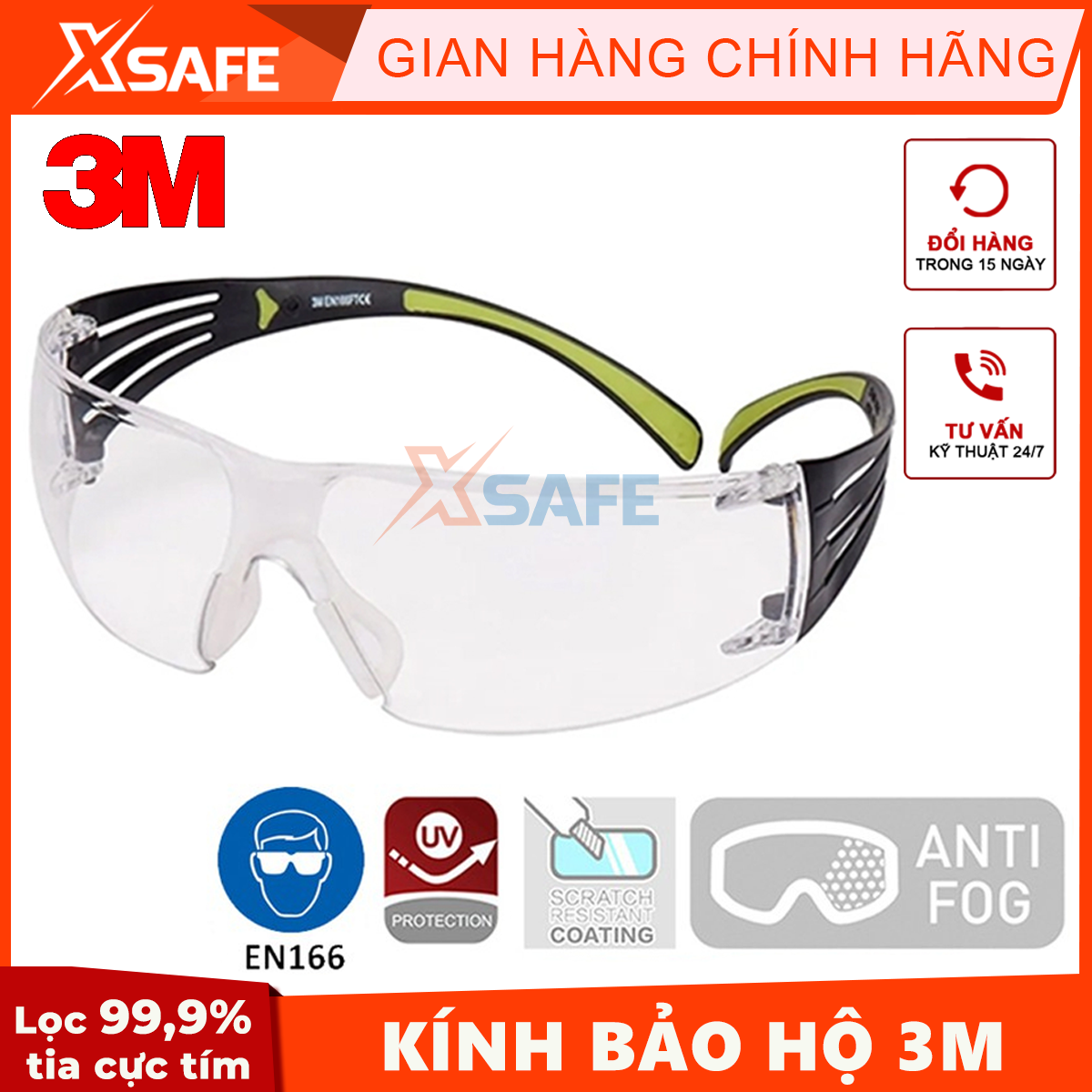 Kính bảo hộ 3M SF401AF kính chống bụi chống tia UV chống đọng sương chống trầy xước (màu trắng)