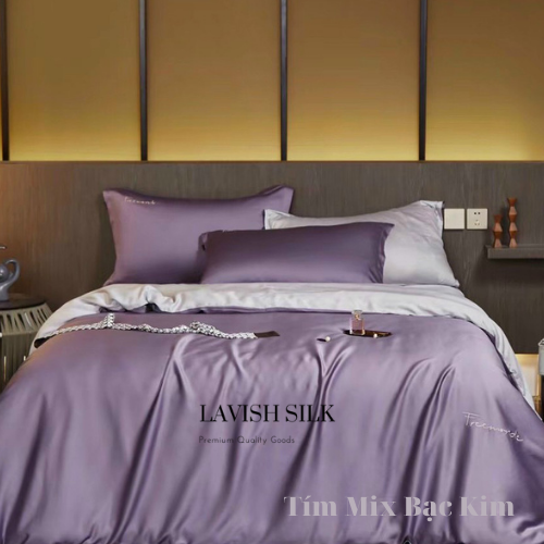 Trọn Bộ Ga Gối Lụa Kèm Chăn Sẵn Ruột + Tặng Bộ Quà Tặng Lavish Silk Cao Cấp - Tím Mix Bạc Kim
