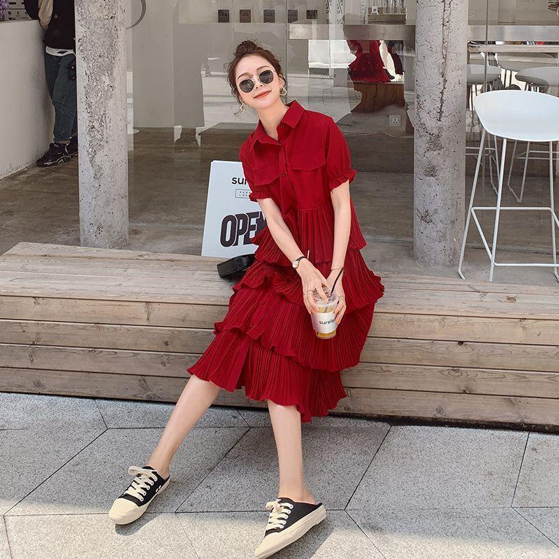 SHUANGYAN Blue Sea Yueno Fairy Mori Dress Platterone váy mối tình đầu màu đỏ 2023 mùa hè khí chất bánh váy chiffon đầm