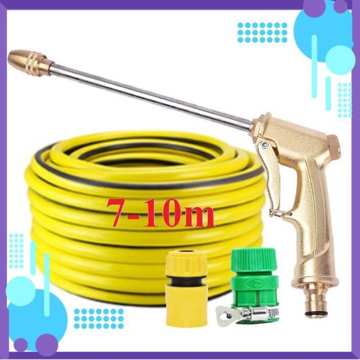 ️ Bộ dây vòi xịt nước rửa xe, tưới cây , tăng áp 3 lần, loại 7m, 10m 206701-3 đầu đồng, cút,nối nhựa vàng