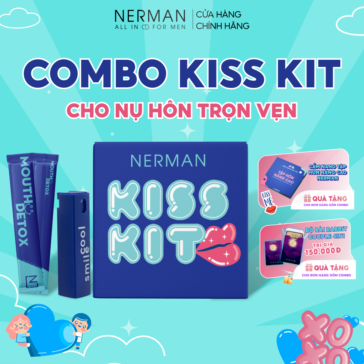 Combo Kiss Kit Nerman - Xịt thơm miệng Spray&amp;Kiss 10ml &amp; 10 gói Nước súc miệng dạng gói Mouth Detox 10ml/ gói [TẶNG 1 CẨM NANG TẬP HÔN