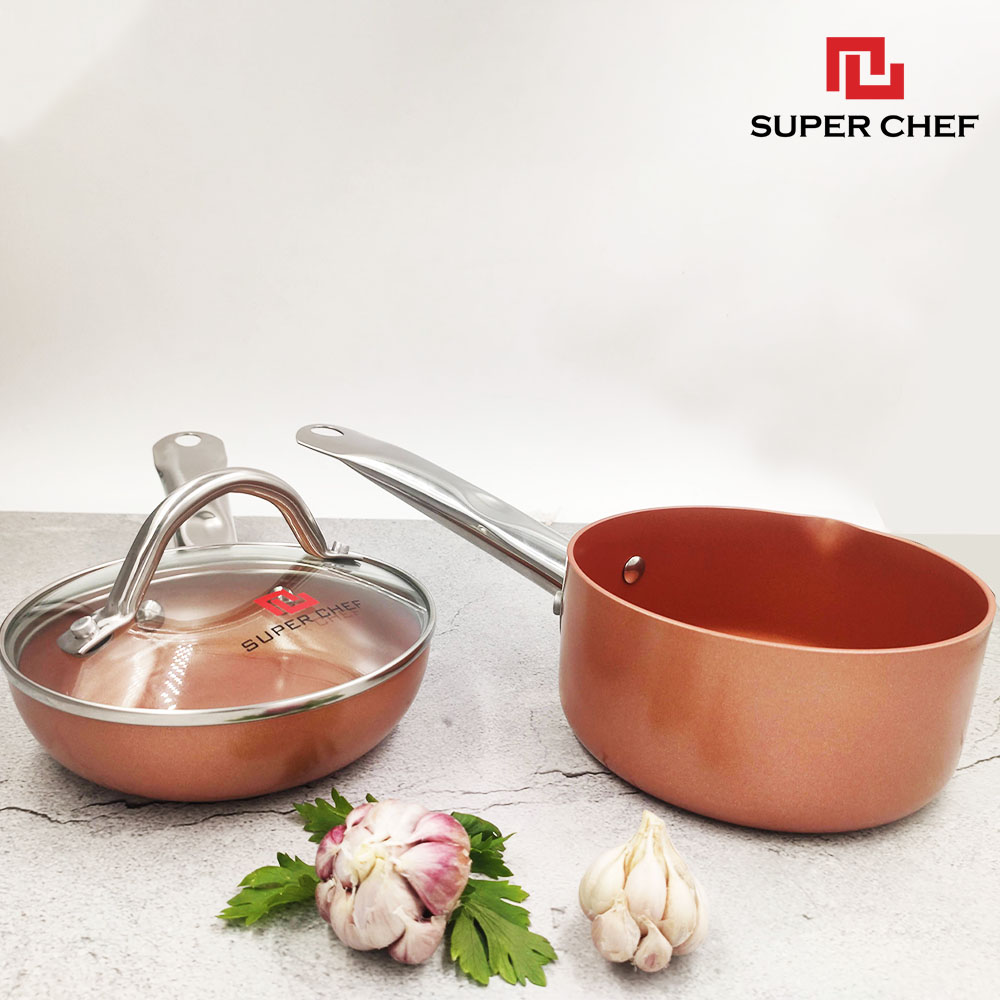 Bộ Chảo Nồi Nấu Cháo Cho Bé Super Chef Công Nghệ Ceramic An Toàn Sức Khỏe, Chống Dính Tốt, Siêu Bền Bỉ Không Bị Bong Tróc, Hạn Chế Trầy Xước (14cm) Dùng Cho Bếp Gas, Hồng Ngoại