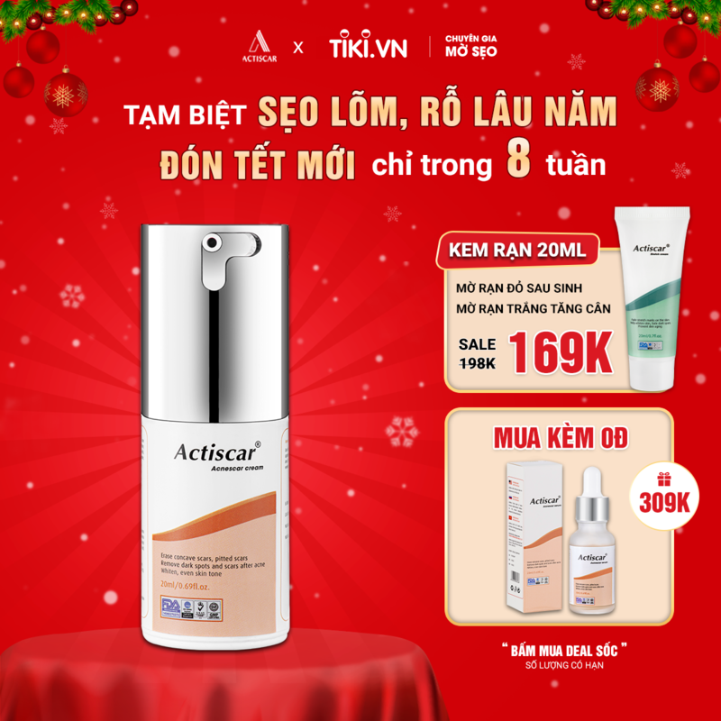 Kem Xóa Sẹo Lõm, Sẹo Rỗ Actiscar 20ml hỗ trợ làm mờ sẹo rỗ, lấp đầy sẹo lõm