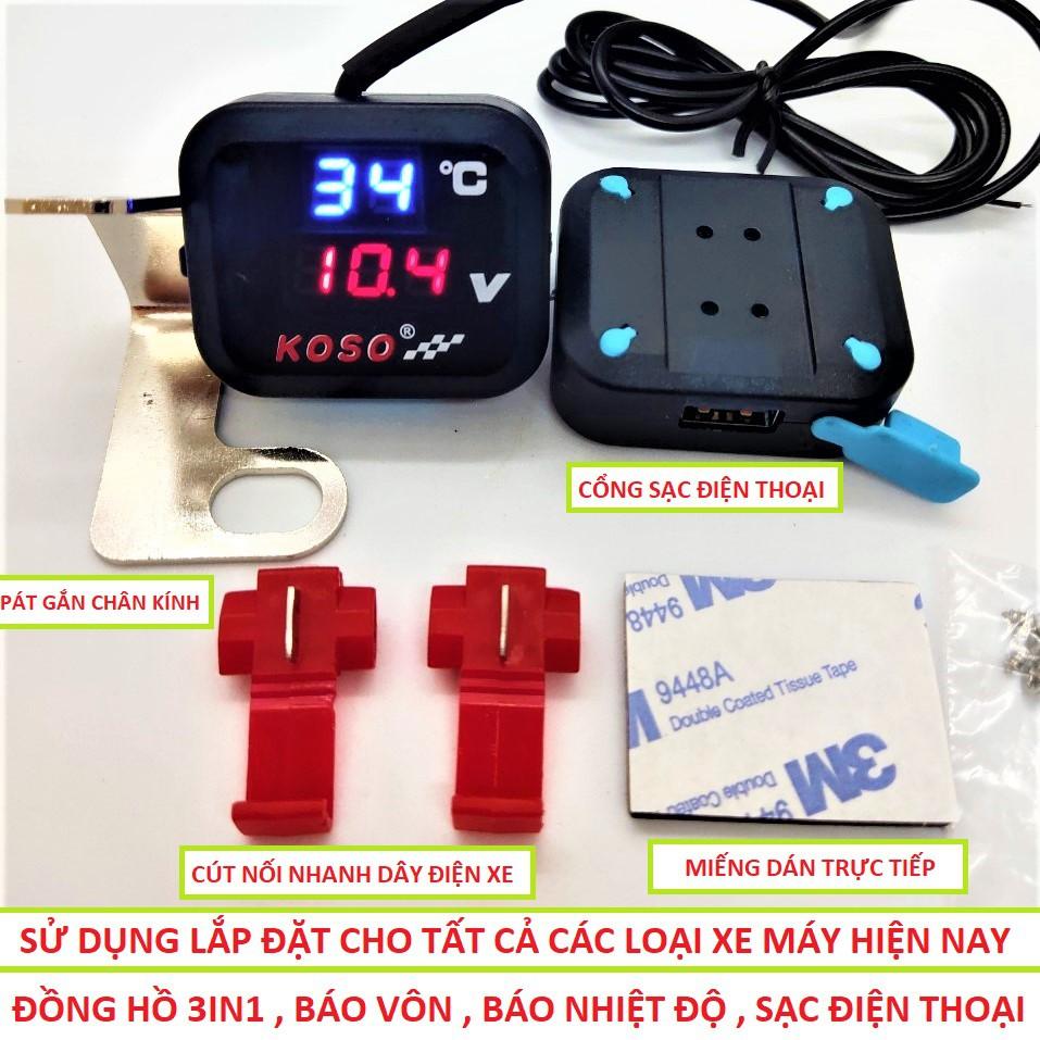 Đồng hồ koso xe máy 3in1 báo vôn , nhiệt độ kèm cổng sạc USB gắn chân gương mẫu mới loại tốt