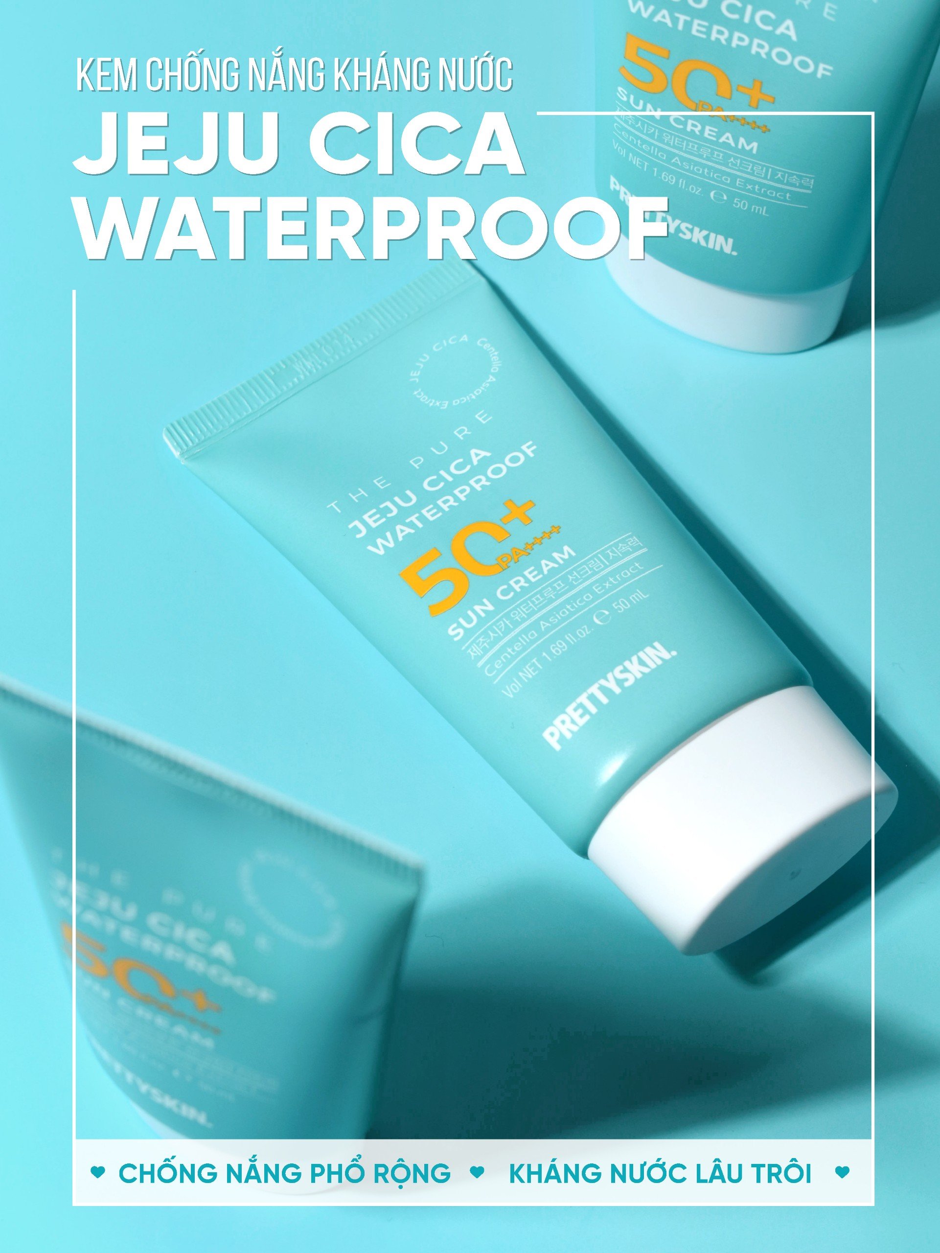 Kem chống nắng rau má nâng tông kháng nước, lấu trôi - Pretty Skin The pure jeju cica Waterproof Sun Cream