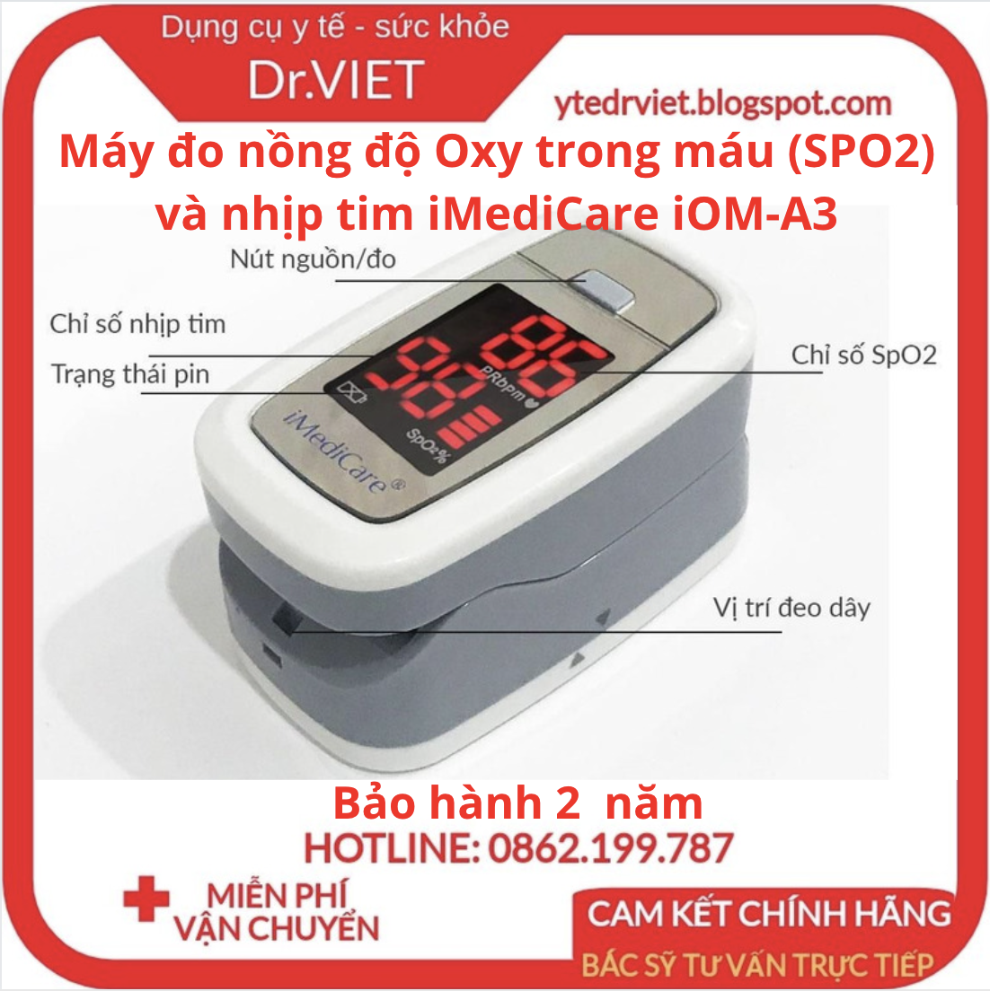 Máy đo nồng độ Oxy trong máu (SPO2) và nhịp tim iMediCare iOM-A3 (Hàng Chính Hãng)