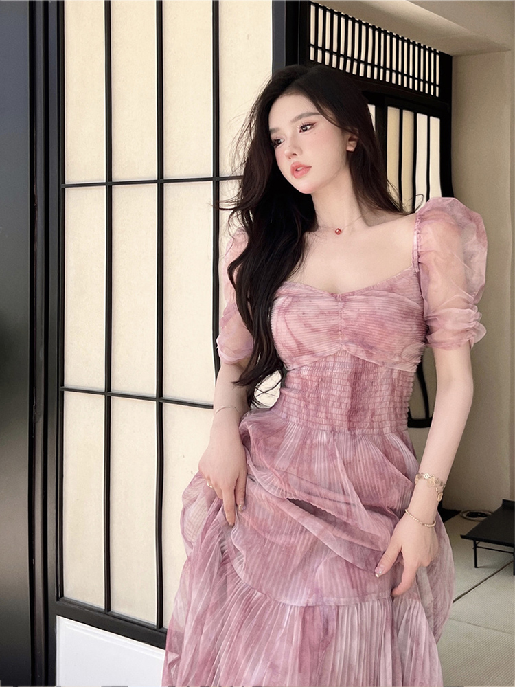 Đầm hồng đi biền, váy nữ đi biển dáng dài xòe, tay lỡ, cổ vuông ngọt ngào mùa xuân - S (&lt;=48kg)