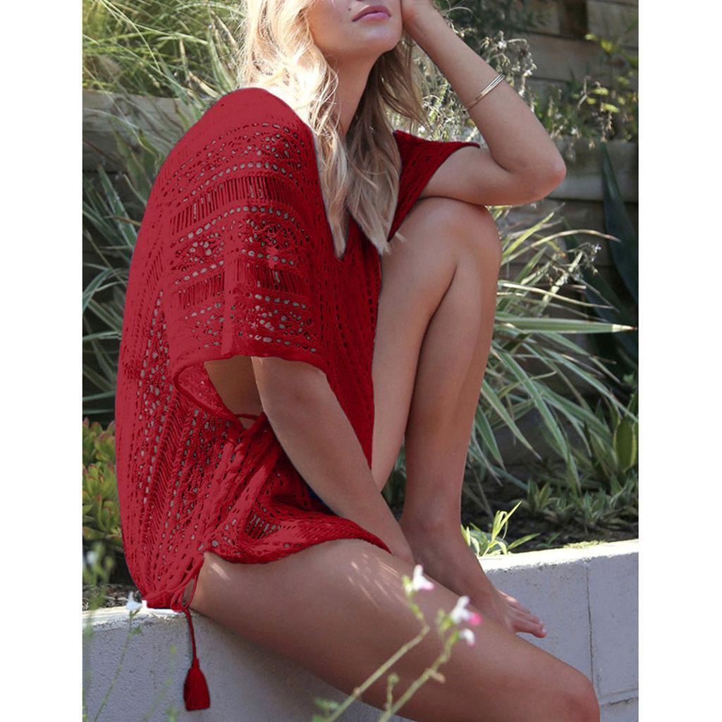 Womens V-Neck Swimwear Hollow Out Swimsuit Cover Up Knitted Beach Dresses