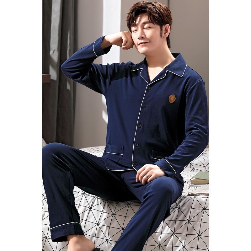 0113-Bộ Pijama nam dài tay cotton 100% màu xanh navy gọn dáng, phù hợp những ai thích đơn giản, sang trọng