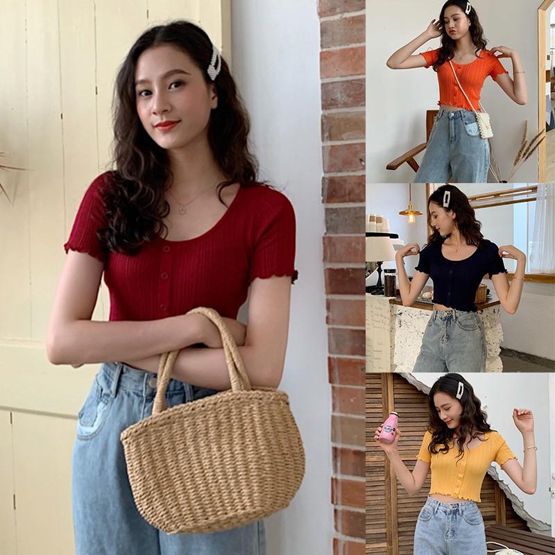 Áo thun len dệt tay ngắn cổ chữ O thời trang cho nữ