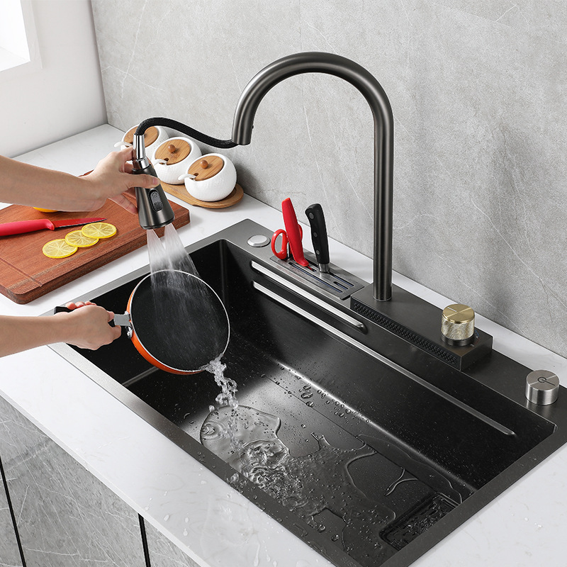 Bộ chậu rửa bát thác nước cao cấp có ngăn cài dao tiện lợi vòi nóng lạnh chậu đúc SUS inox 304 dày mạ Nano