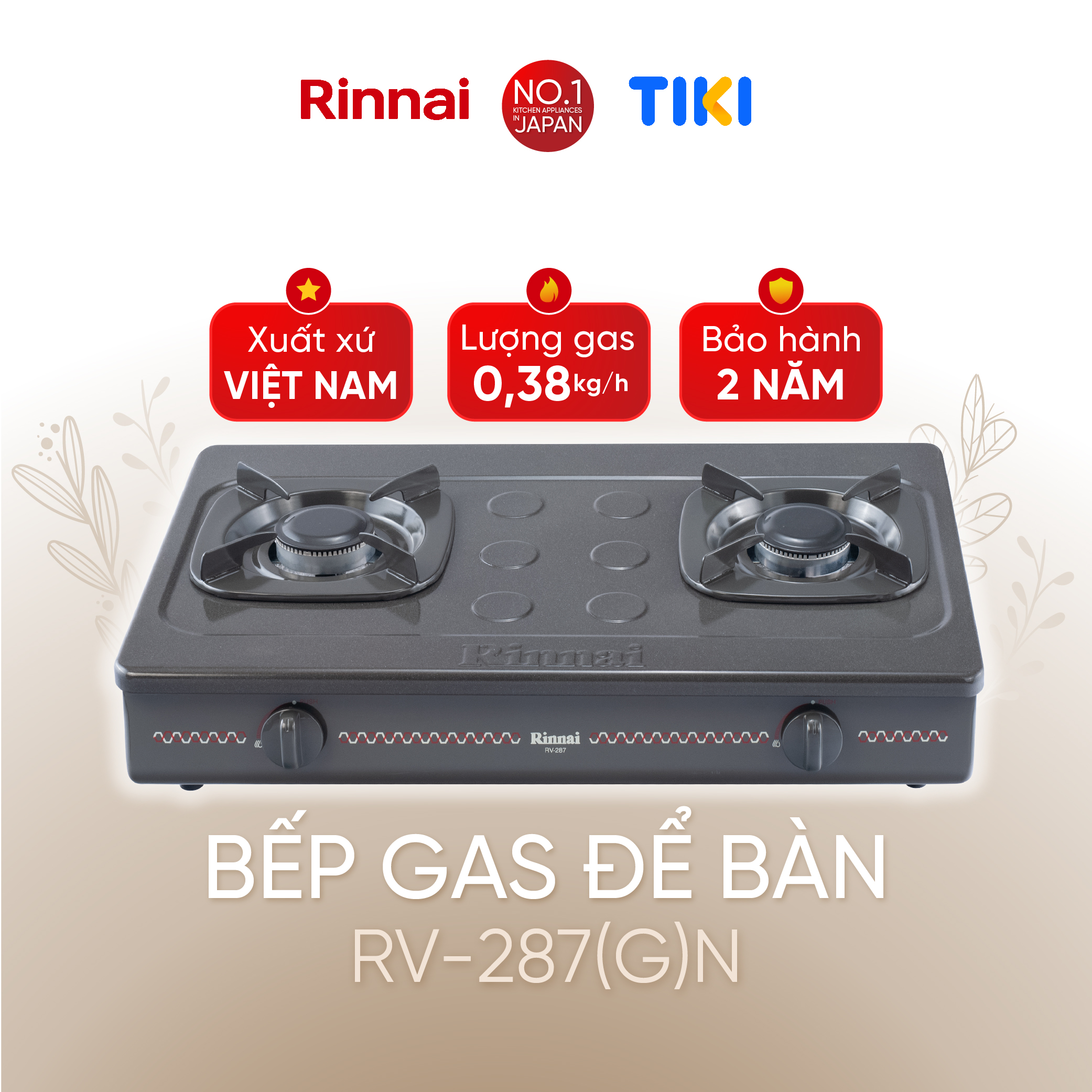 Bếp gas dương Rinnai RV-287(G)N mặt bếp men và kiềng bếp men - Hàng chính hãng.