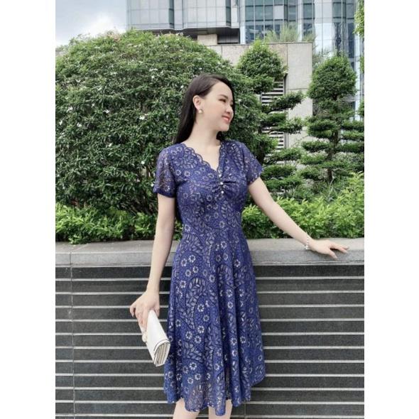 ĐẦM XÒE REN THUN CỔ V NGỰC NHÚN LY ĐÍNH HẠT