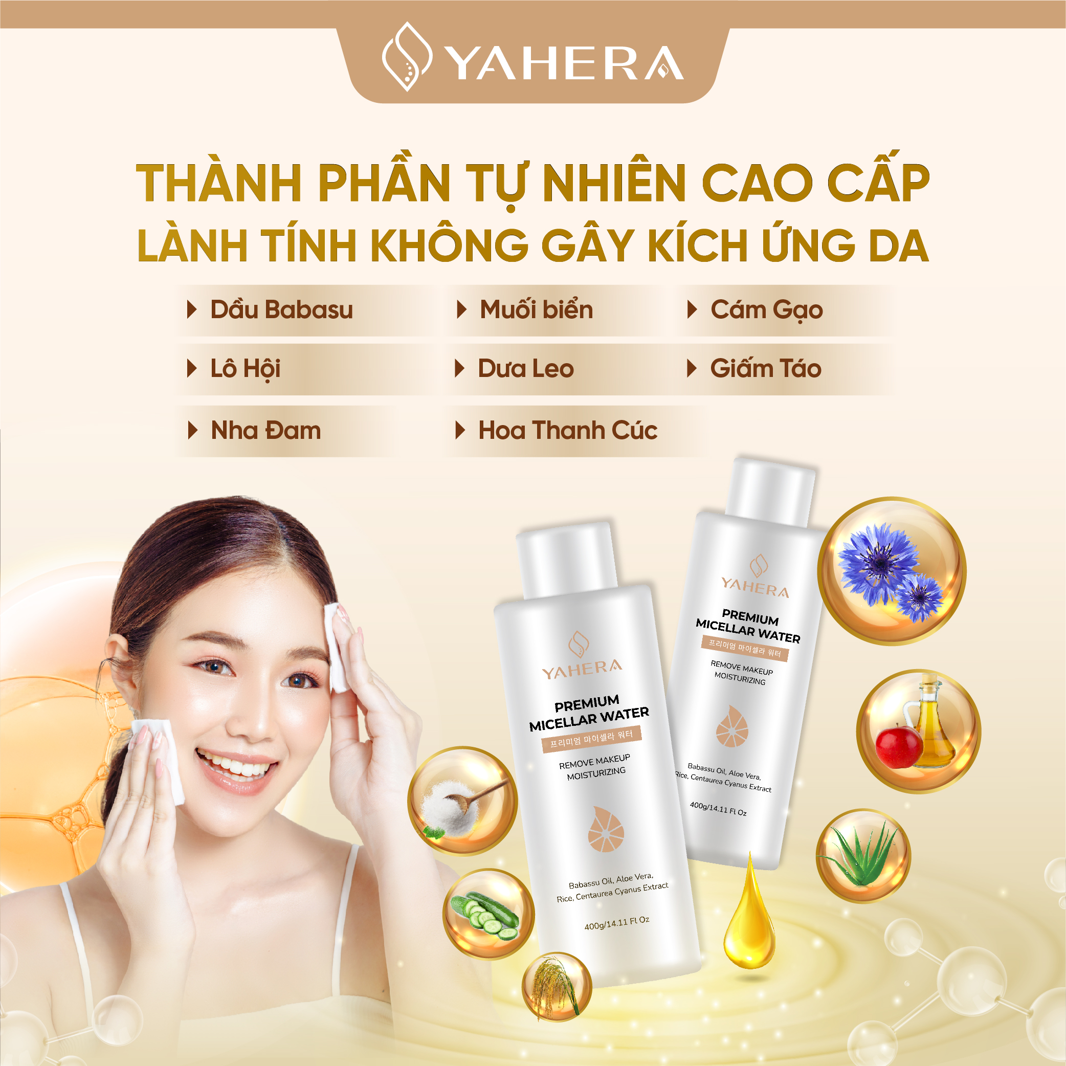 Nước tẩy trang cao cấp làm sạch sâu YAHERA Premium Cleansing Water làm sạch lớp trang điểm, bụi mịn, bã nhờn 400ml