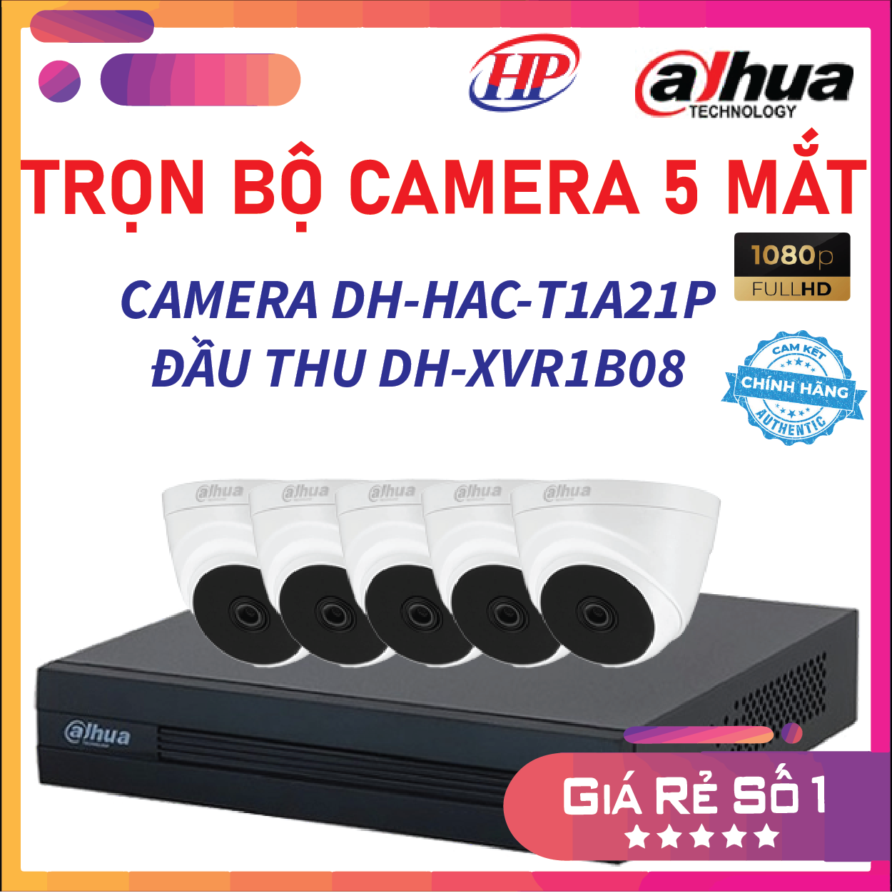 Trọn bộ 5 camera DH-HAC-T1A21P Đầu thu 8 cổng XVR1B08 đầy đủ phụ kiện, Hàng chính hãng