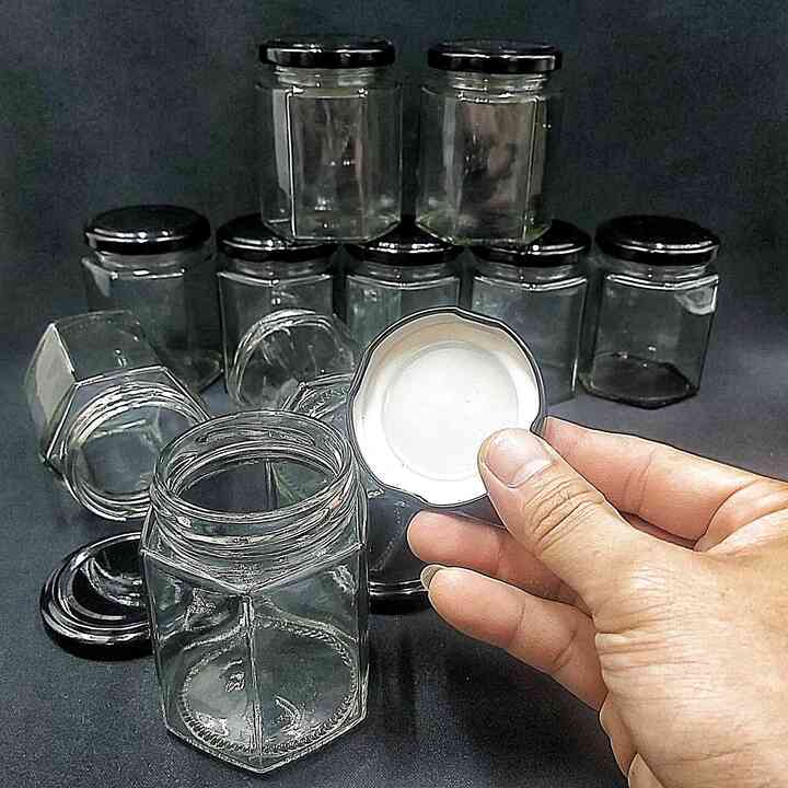 Combo 6 hũ thủy tinh lục giác 180ml nắp thiếc đen vặn – hủ thuỷ tinh đựng mật ong, yến chưng, dầu dừa, sữa chua, thực phẩm, hũ gia vị