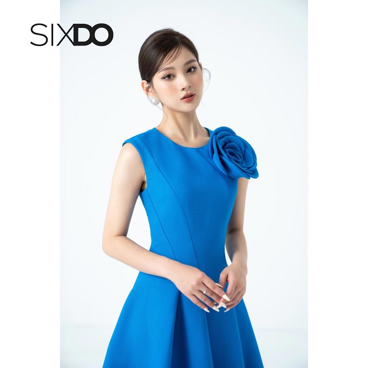 Đầm midi xòe hoa vai sang trọng thời trang SIXDO