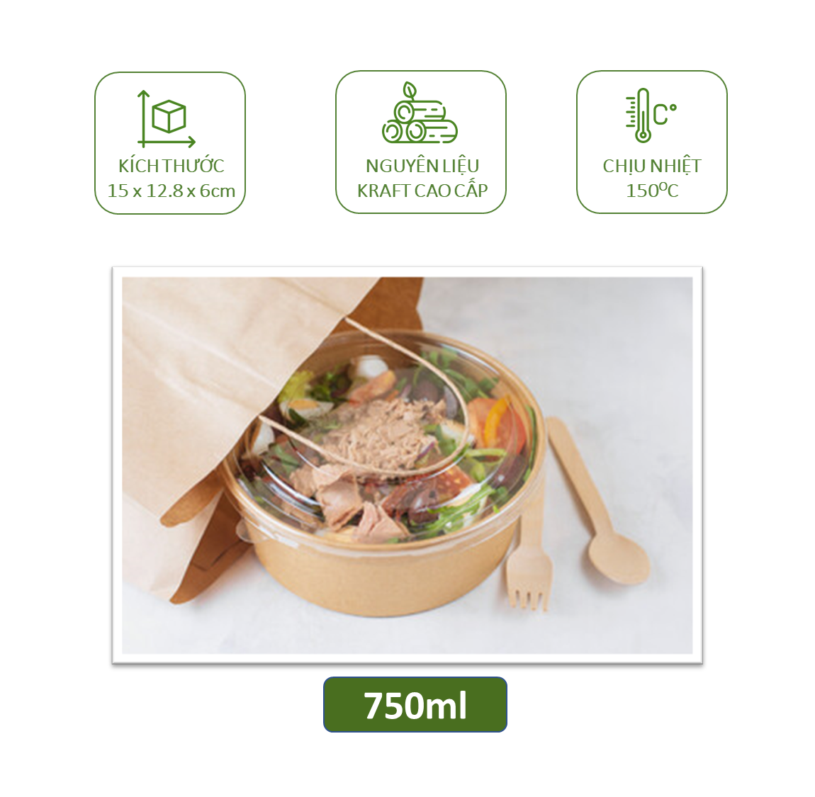 50 tô giấy kraft 750ml, 1000ml kèm nắp đựng thức ăn salad take away