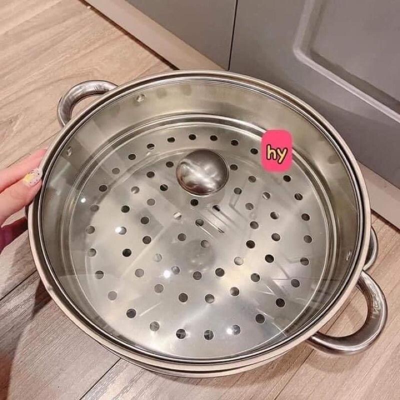 Nồi Hấp 2 Tầng Vung Kính Chất Liệu Inox Size 28cm Có Xửng Hấp, Ăn Lẩu Dùng Cho Bếp Từ, Bếp Ga, Hồng Ngoại