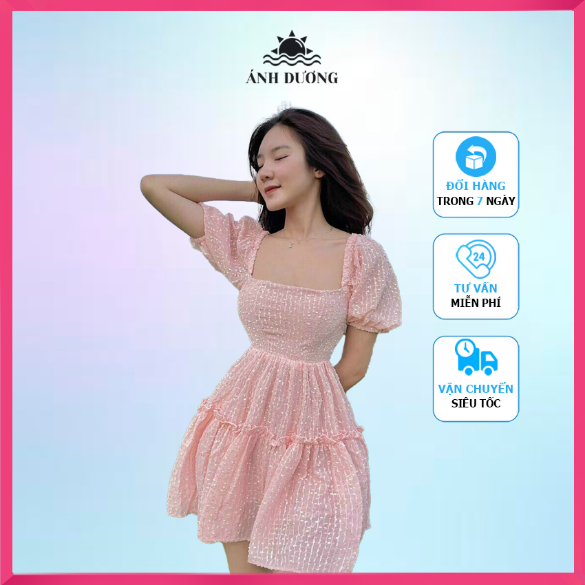 Đầm tay phồng hở lưng cổ vuông tùng xoè nhún tầng Ánh Dương Clothing M30