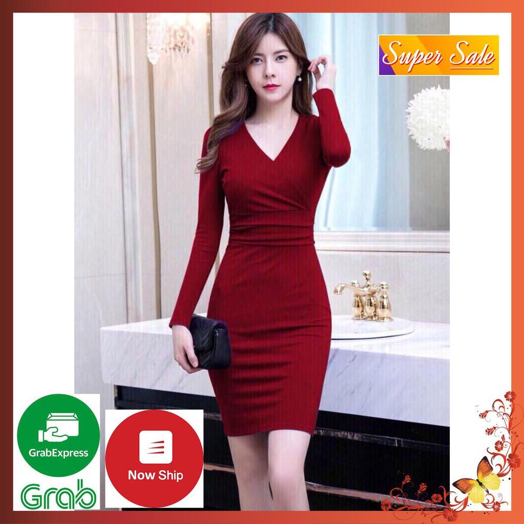 Đầm Body Cổ V Cao Cấp S250 - Váy Đầm Công Sở Thun Nhập Hàng Quảng Châu Cao Cấp Tay Lỡ Sang Trọng