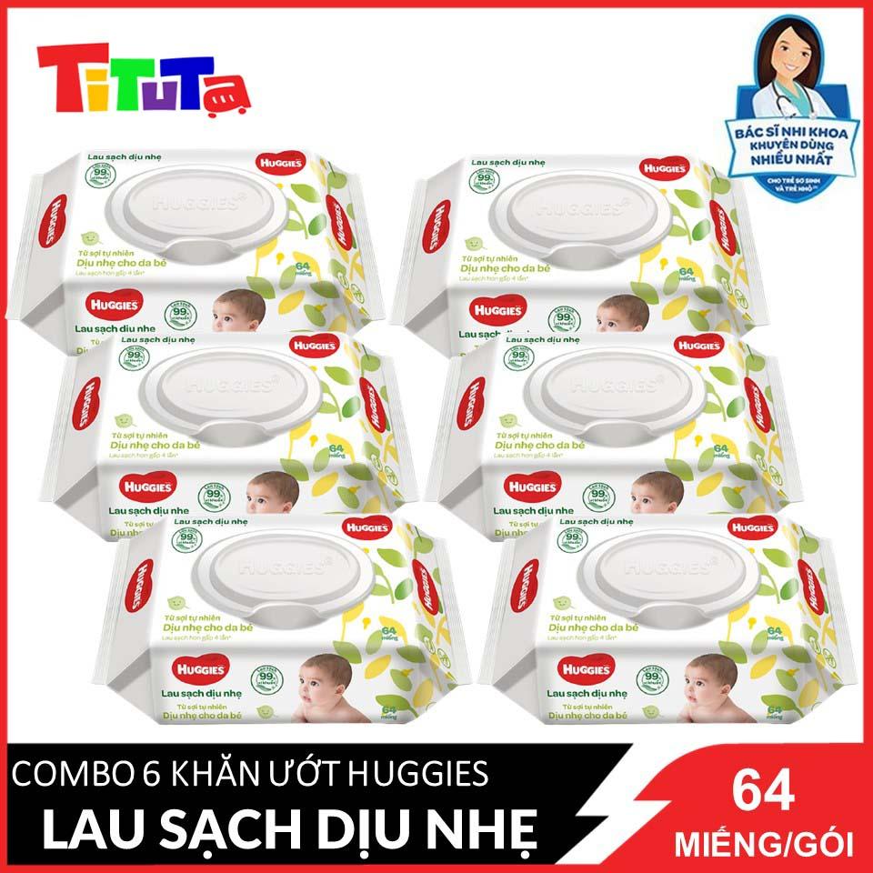 Combo 6 Gói Khăn giấy ướt cho trẻ sơ sinh Huggies không mùi, gói 64 tờ