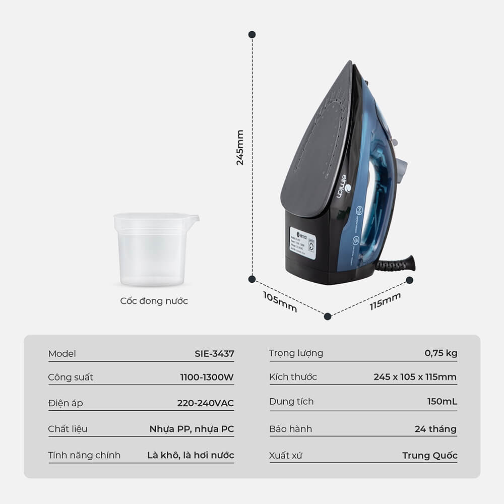 Bàn là ủi hơi nước Elmich SIE-3437OL, Hàng chính hãng, công suất 1300W, mặt đế phủ Ceramic - JoyMall