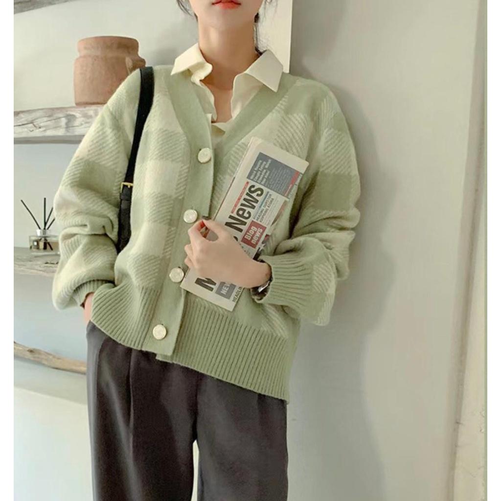 MS779 Áo khoác len cardigan kẻ caro cúc ngọc Hàn Quốc vintage