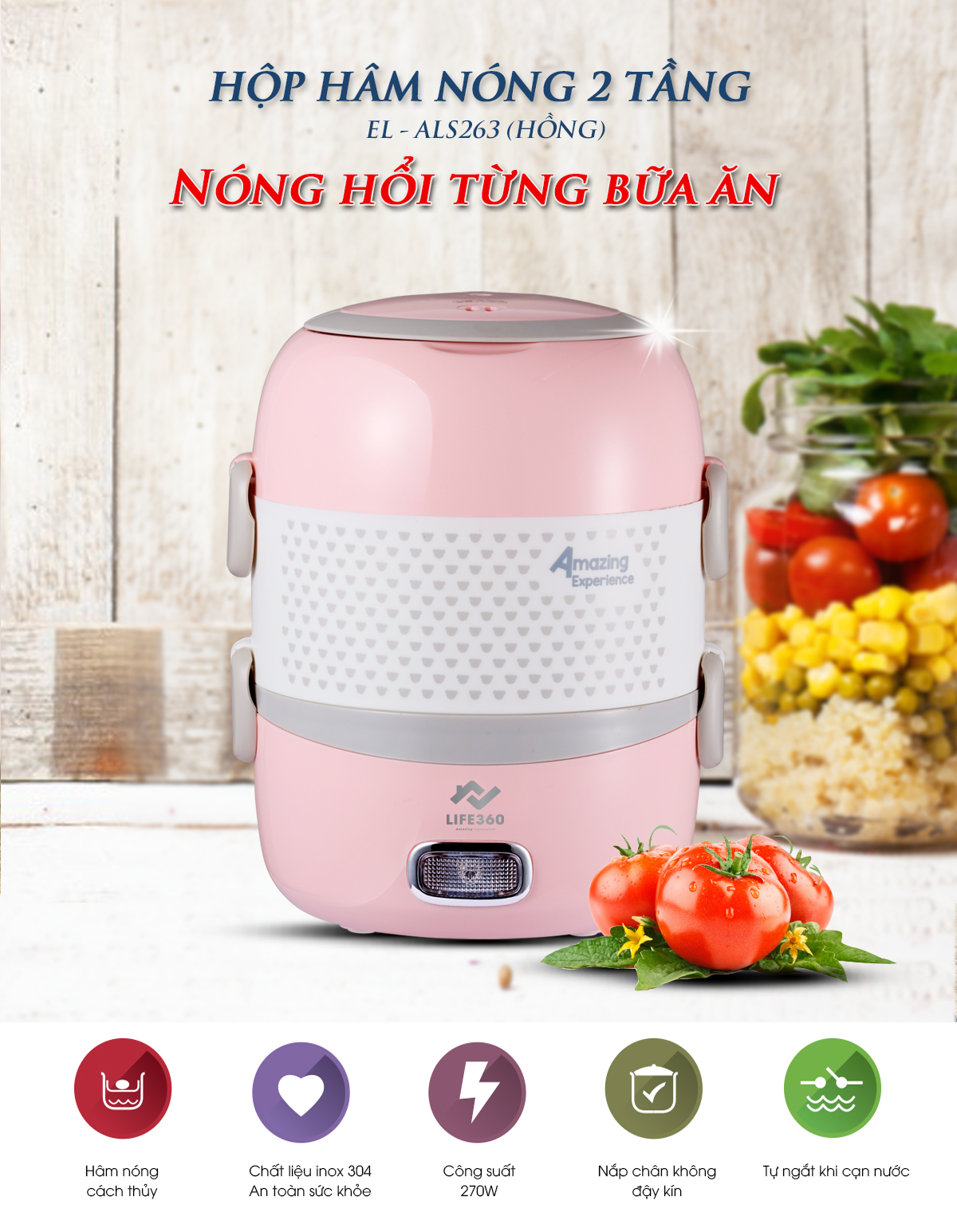 Hộp Cơm Hâm Nóng 2 Tầng ArirangLife EL-ALS263, Nấu Chín Và Hâm Nóng Thức Ăn, Hàng Chính Hãng, Bảo Hành 1 Năm