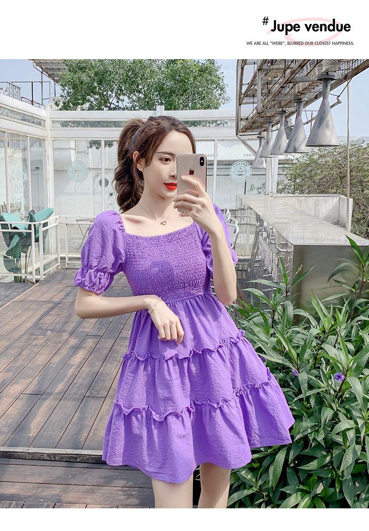 DIYIWEI Phụ nữ mùa hè 2023 Square Neck Pleated Bubble Sleeve Thu hẹp eo Khoai tây tím Vintage Pháp Orange Terrier Dress