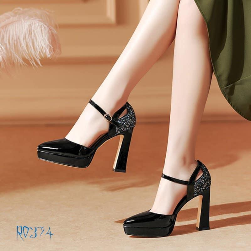 Giày sandal nữ cao gót 9 phân hàng hiệu rosata đẹp hai màu đen da ro374
