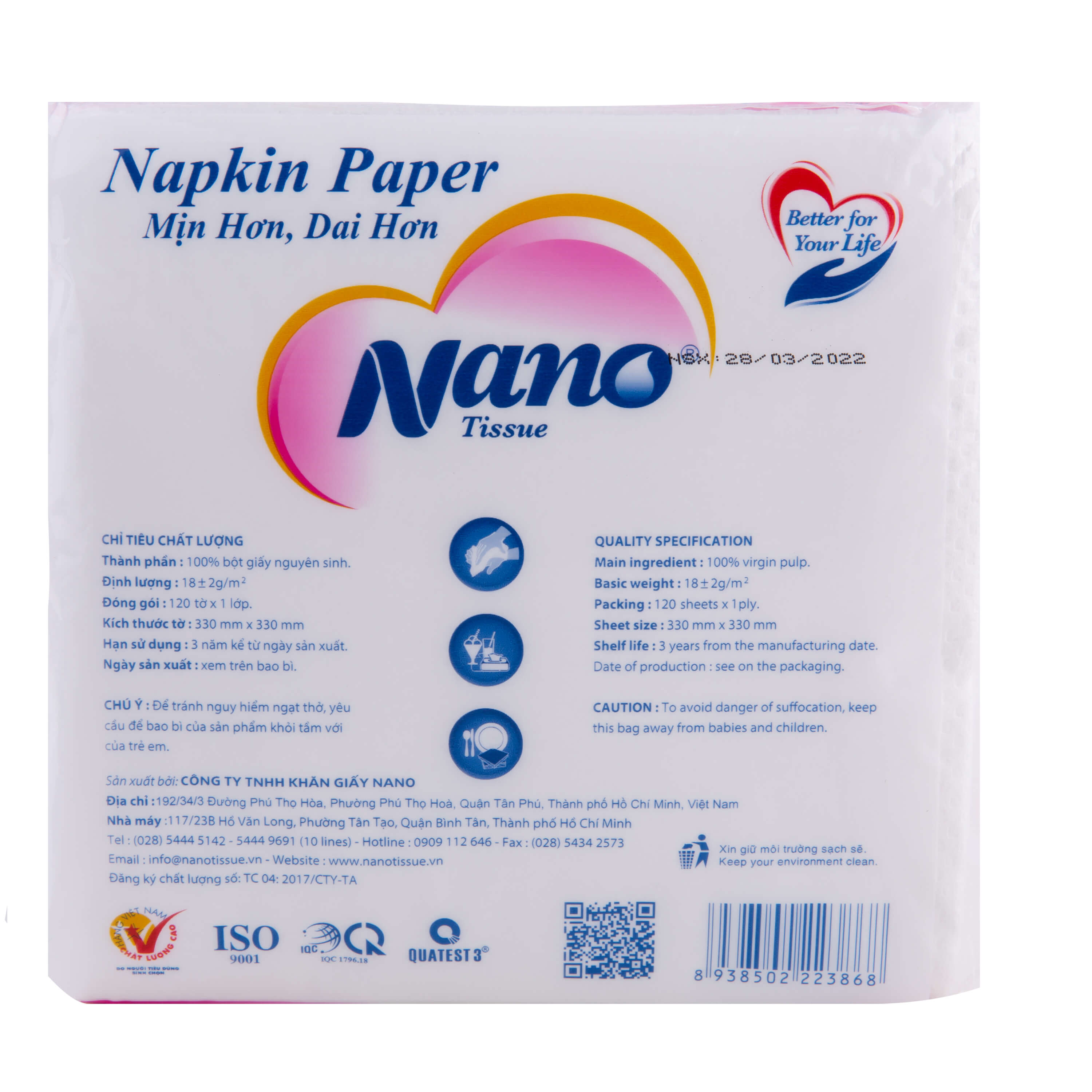 [Mua 12 tặng 2] Khăn giấy rút lụa Nano Napkin 120 tờ, Giấy ăn khô vuông siêu dai cao cấp mềm dai an toàn - Nano Tissue
