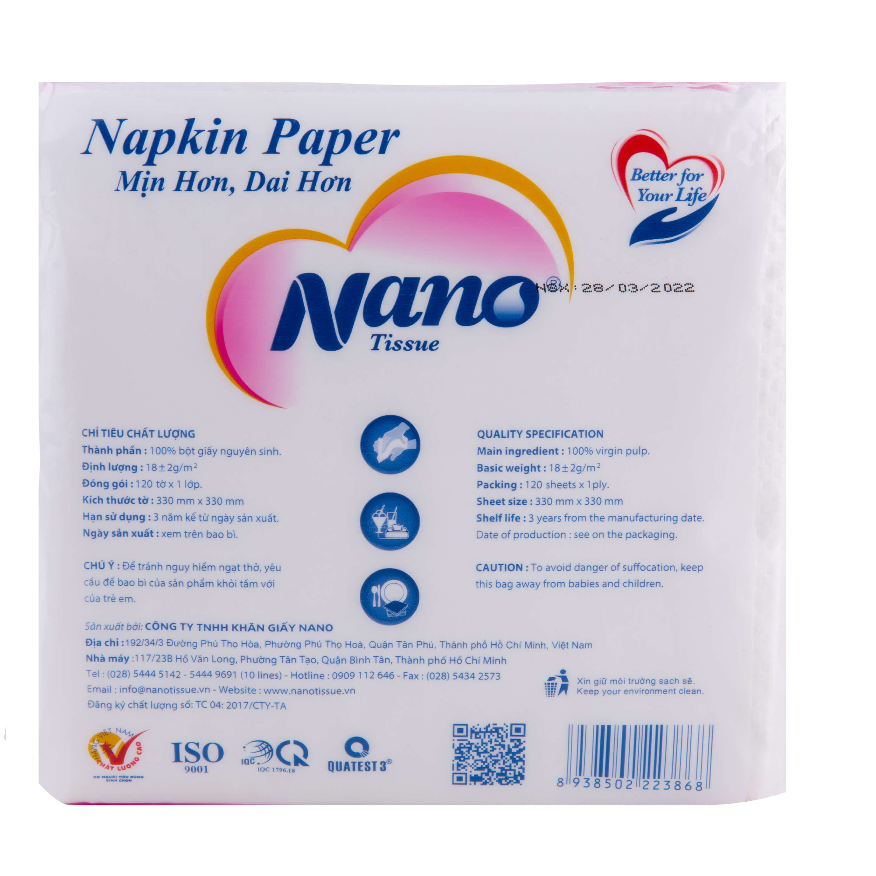 Khăn giấy rút lụa Nano Napkin 120 tờ, Giấy ăn khô vuông siêu dai cao cấp mềm dai an toàn - Nano Tissue