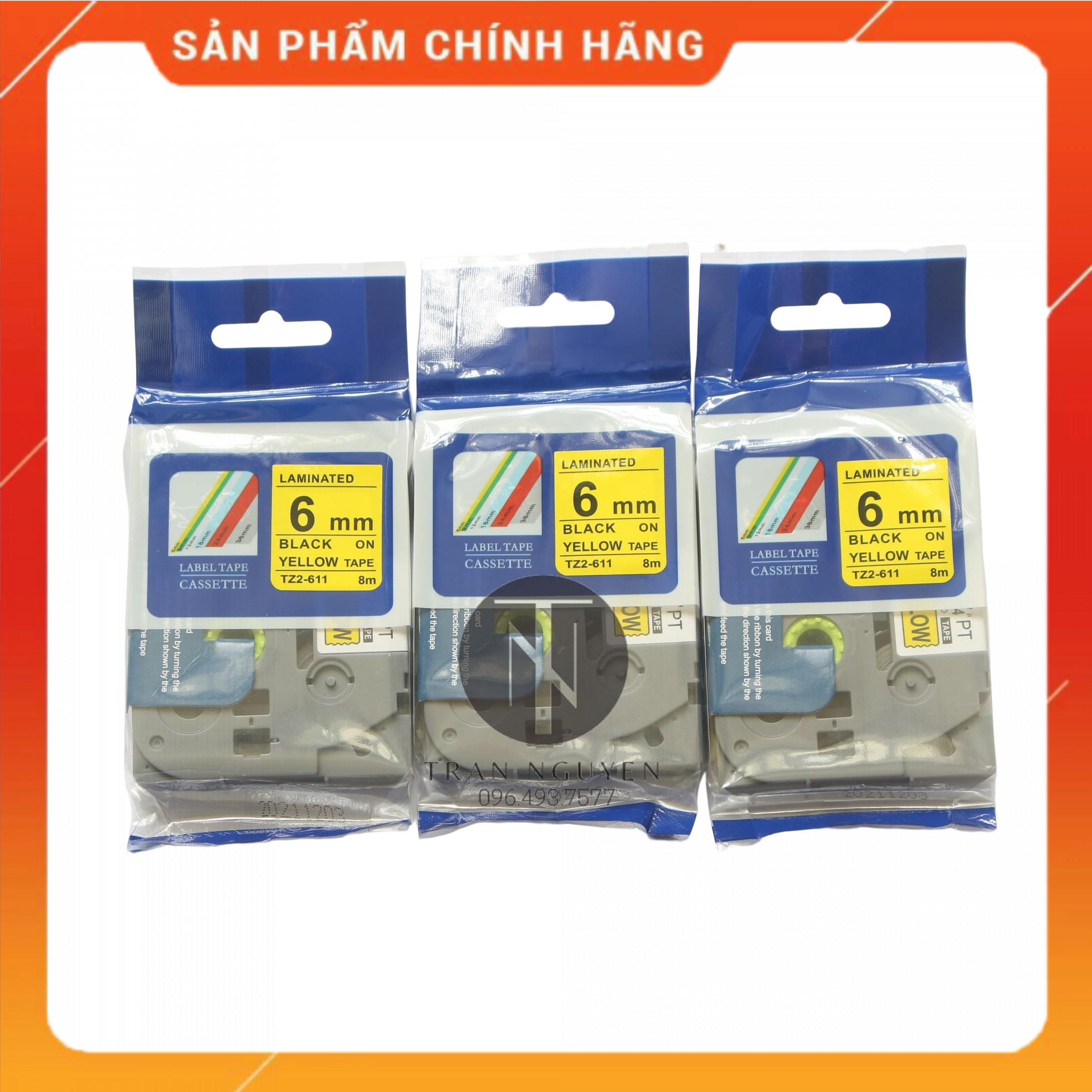 Nhãn In đa lớp Tz2-611 - Đen nền vàng 6mm x 8m - Hàng nhập khẩu