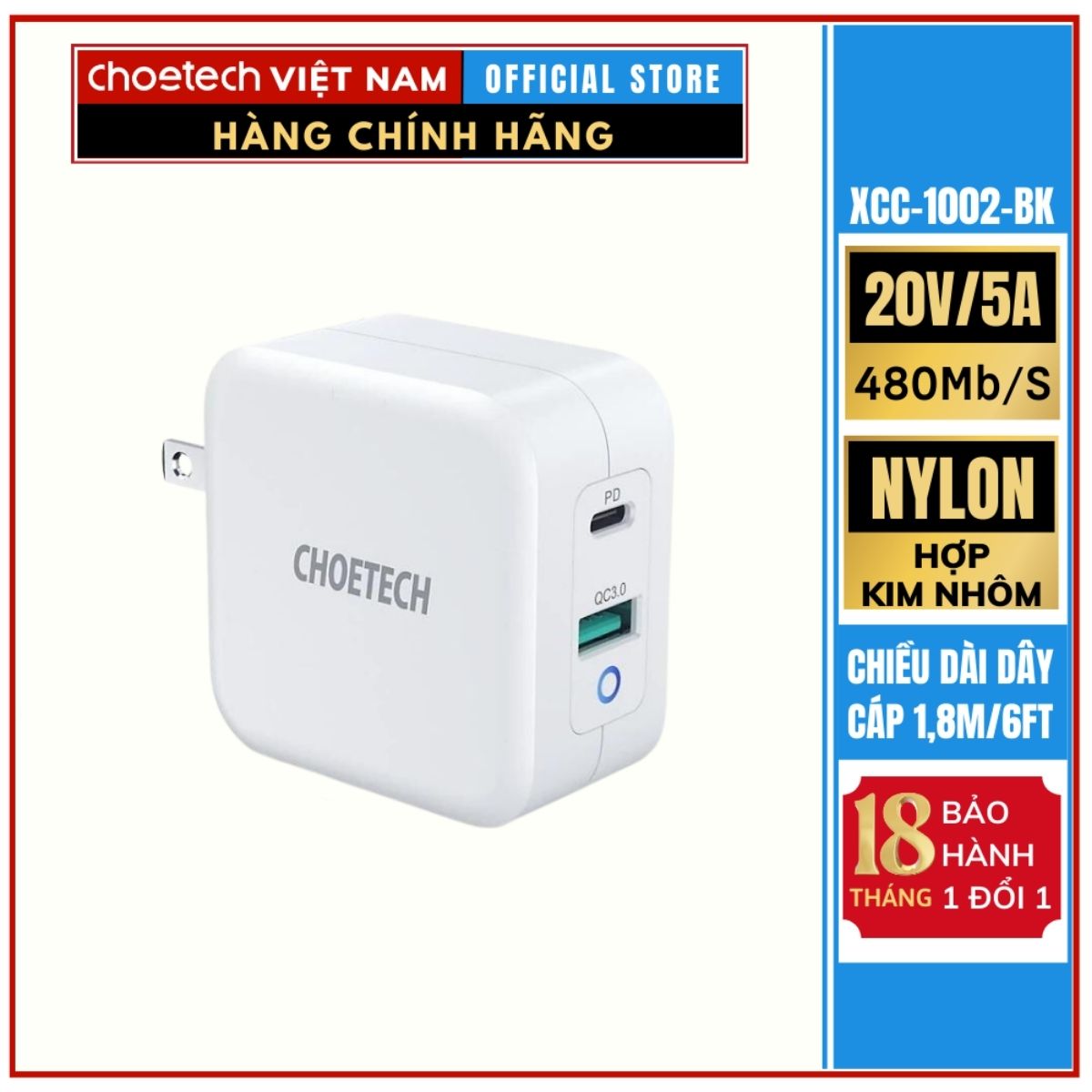 Củ sạc nhanh CHOETECH PD8002 65W GAN 2 cổng – Hàng chính hãng