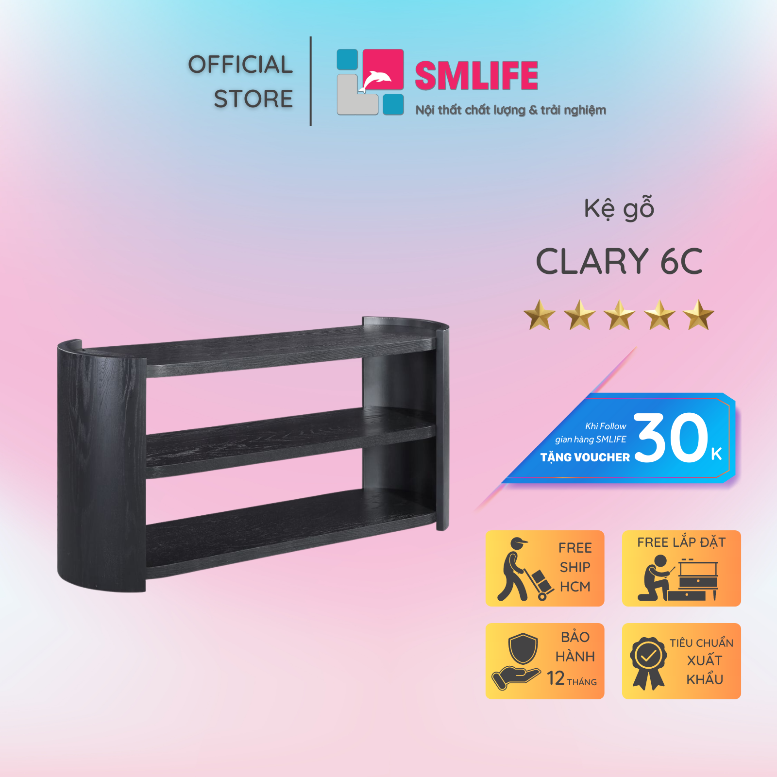 Kệ gỗ 3 tầng trang trí hiện đại SMLIFE Clary 6C | D165,1 x R48,3 x C77,5cm | gỗ Cao Su và Veneer Sồi