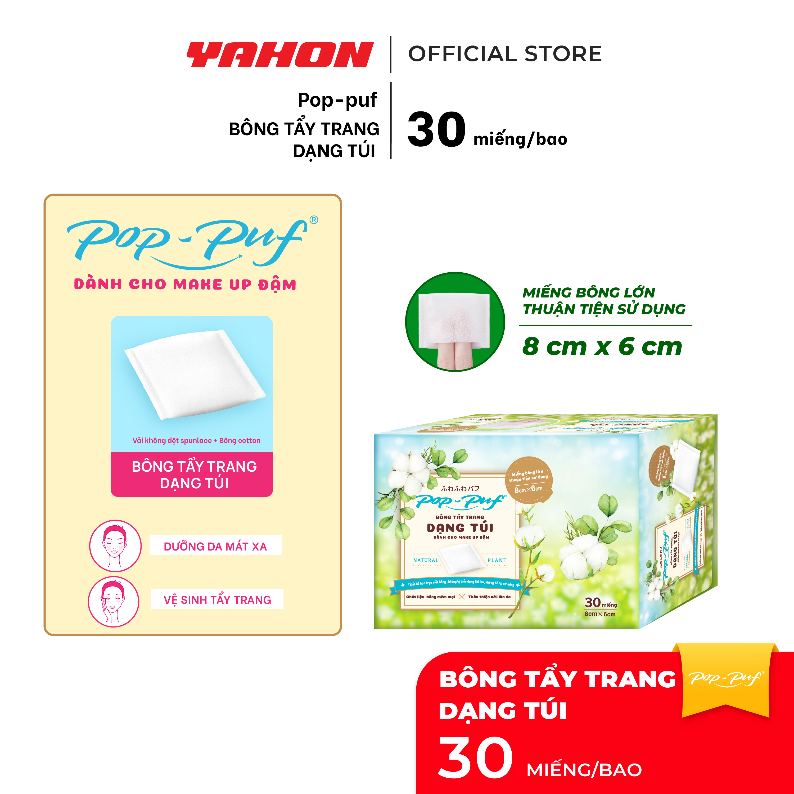 Bông Tẩy Trang Dạng Túi Xỏ Ngón POP-PUF 6x8cm | Không Để Lại Xơ Bông, Mềm Mịn | 30 Miếng/Hộp