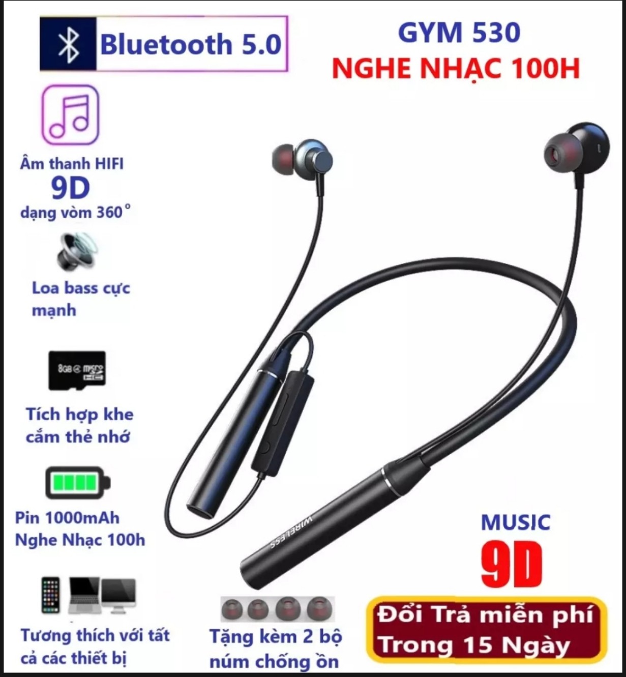 Tai Nghe Bluetooth 5.0 ZH 530. Pin 1000mAh. Nghe Nhạc 100h Âm Thanh 9D Hifi - Stereo . Hỗ Trợ Khe Cắm Thẻ Nhớ Lên Đến 32g . Tai Nghe Thể Thao Không Dây.