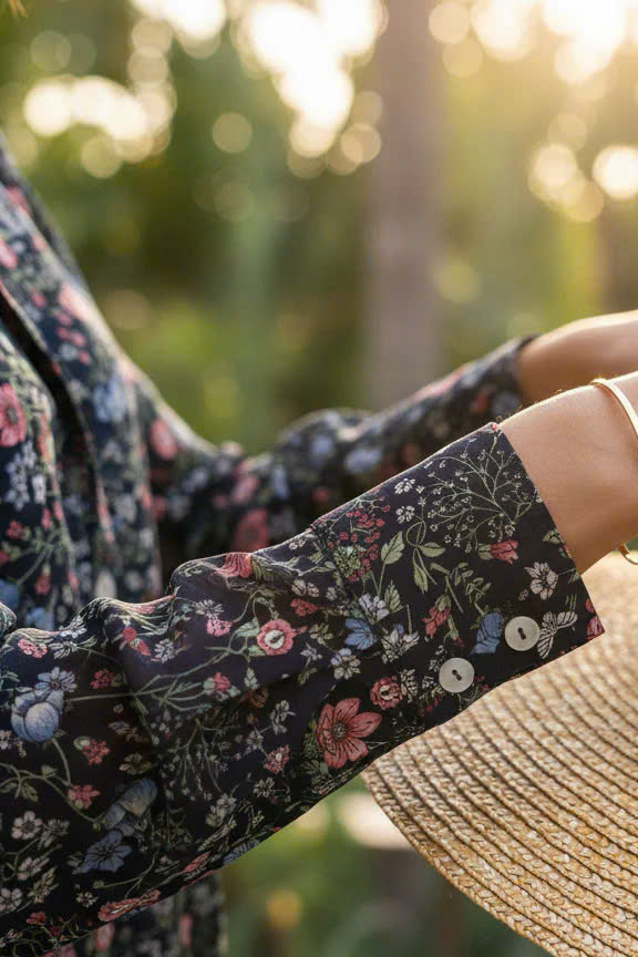 Áo Sơ Mi Hoa Điểm Ngọc, Áo Sơ Mi Tay Dài Nữ Chiffon Voan Hoa Cổ Điển Vintage thời trang thiết kế Hity Top171