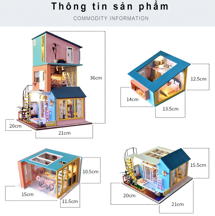 Mô hình nhà búp bê lắp ghép bằng gỗ Mẫu Biệt Thự 3 Tầng Sáng Tạo tặng kèm Cót Nhạc ,dụng cụ lắp ghép, keo silicon