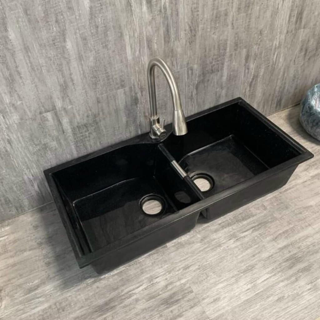 Chậu rừa chén bằng đá 2 ngăn, với 2 màu đen hoặc trắng