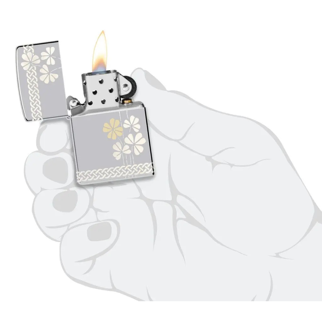 Bật Lửa Zippo Chính Hãng Clover Design - Họa Tiết Cỏ 4 Lá May Mắn, Laser 360°, Bảo Hành Trọn Đời