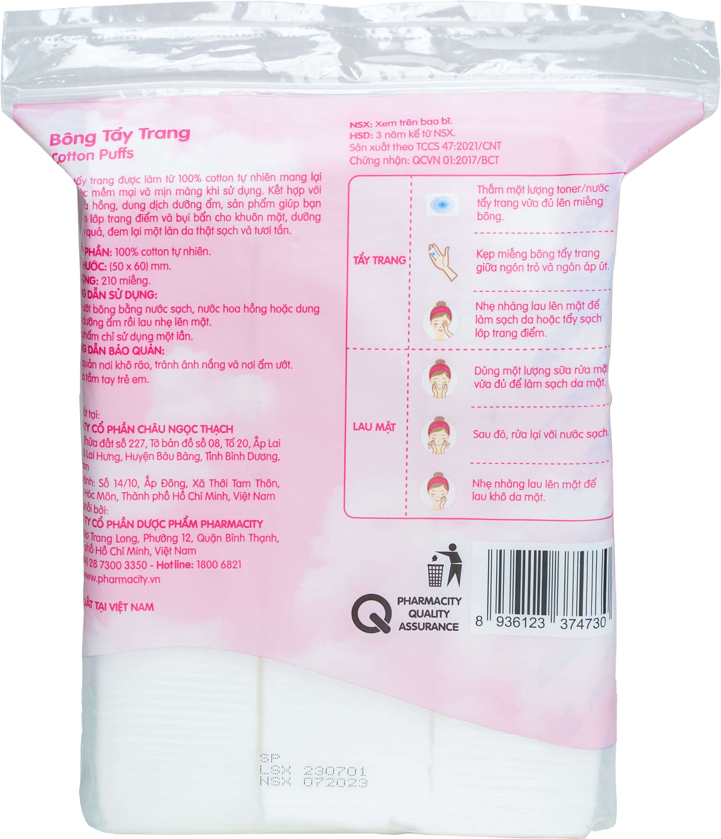 Bông tẩy trang dạng túi lớn tiết kiệm Pharmacity (210 miếng)