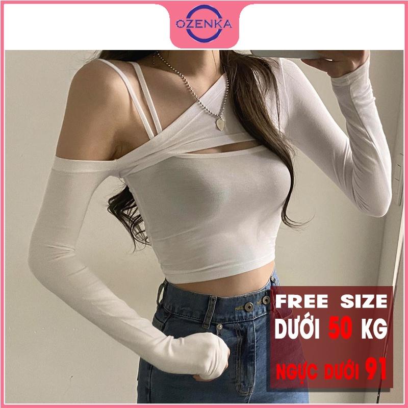 Áo croptop kiểu hàn quốc nữ, set áo croptop dài tay trễ vai kèm áo 2 dây ôm body thun gân cotton màu đen trắng