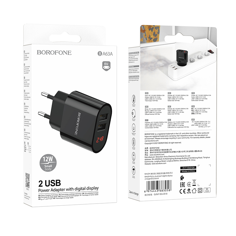 Cốc Sạc Nhanh Borofone BA63A 12W 2 Cổng USB Có LCD 2.4A - Hàng Chính Hãng