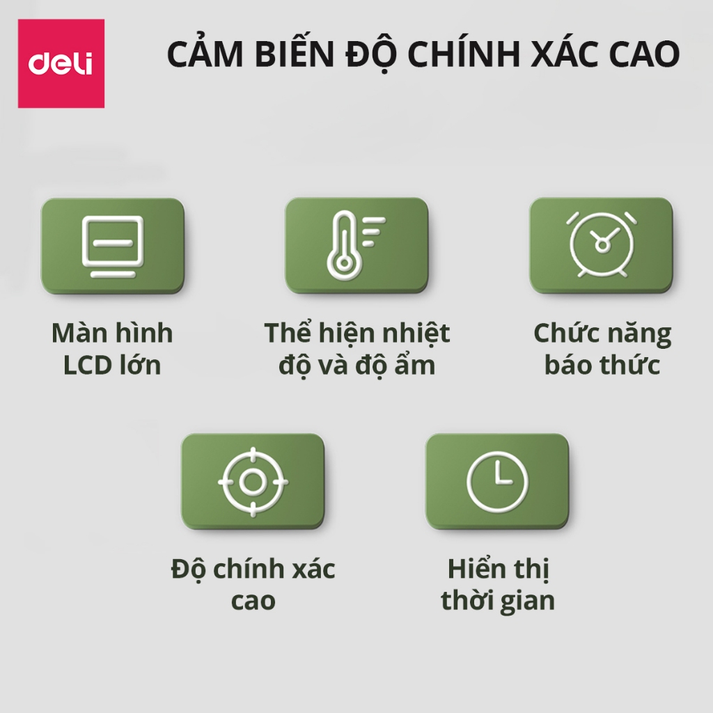 Nhiệt ẩm kế, nhiệt kế phòng Deli đồng hồ xem giờ có báo thức đo nhiệt độ phòng, độ ẩm phòng ngủ cho bé chính xác