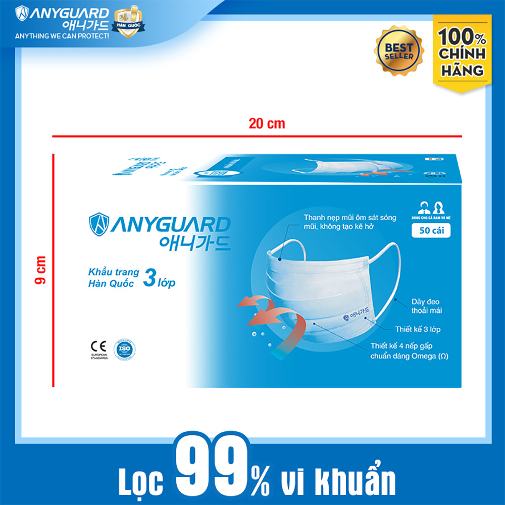 Khẩu Trang Anyguard Hàn Quốc 3 Lớp Chính Hãng - Dành Cho Người Lớn (Hộp 50 cái) - Bảo Vệ Hằng Ngày - Tiêu Chuẩn Công Nghệ Hàn Quốc - ISO 9001:2015, ISO 13485:2016, QCVN 01:2017/BTC