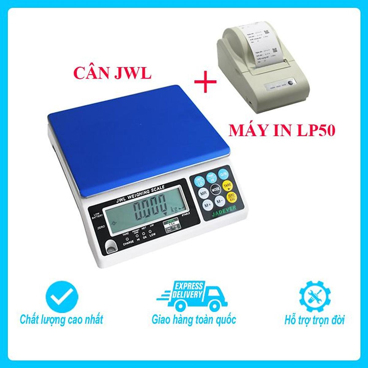 Bộ sản phẩm in phiếu khối lượng cân gồm Cân điện tử thông dụng Jadever JWL, Mức cân 15kg, độ chia 0.5g và máy in LP50
